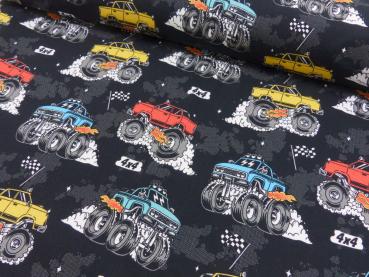 Baumwolljersey mit Monstertrucks auf Schwarz